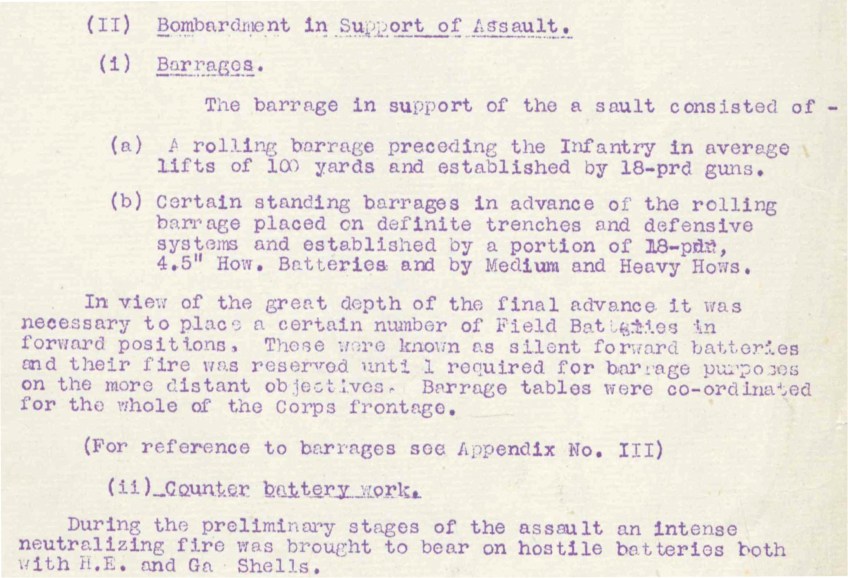 Un extrait d’une page miméographiée et dactylographiée expliquant la stratégie derrière les barrages d’artillerie soutenant l’assaut : le barrage « roulant », le barrage « permanent » et les batteries de campagne dans les positions avancées (connues comme les batteries silencieuses, qui gardaient le silence jusqu’à ce qu’elles entrent en service lors d’objectifs plus lointains).