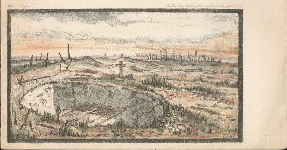 Une lithographie en couleur d’un paysage dévasté montrant un large cratère au milieu duquel se trouve une croix dessinée avec des pierres blanches. En haut et en bas du cratère, il y a deux autres croix de pierre : une catholique et une celtique. Des fils barbelés encerclent le cratère et des chicots d’arbres calcinés se profilent au loin.