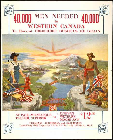 Affiche colorée montrant un paysage montagneux divisé par une frontière internationale. Deux hommes représentant chaque pays se tiennent de chaque côté de la frontière. L’image est placée entre un slogan de recrutement et de l’information sur les déplacements d’un pays à l’autre. 