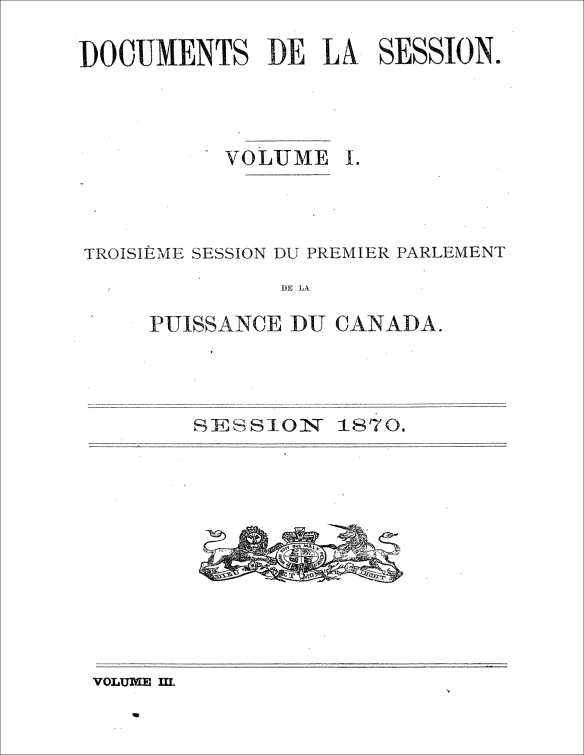La page titre du 2e volume de la troisième session du Premier Parlement du Canada en 1870.
