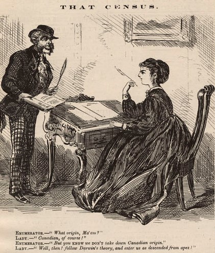 Caricature en noir et blanc montrant un énumérateur qui parle à une femme assise à un bureau. 