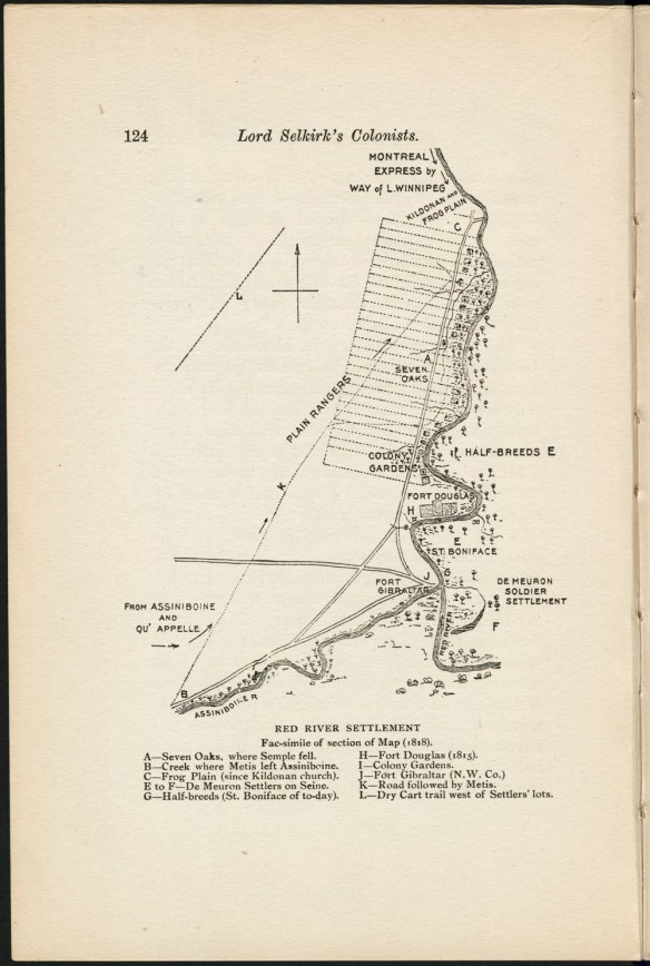 Carte de la colonie de la rivière Rouge représentant la voie ferroviaire, les colonies et les forts. Au bas, une légende énumère les différents points sur la carte.
