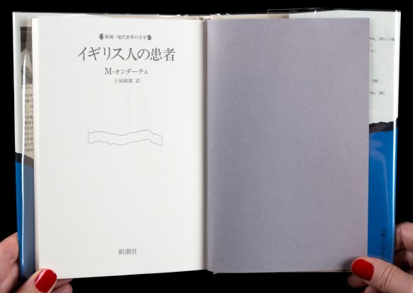 Photo en couleur d’un livre ouvert à la page titre écrit en japonais