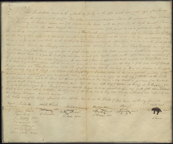 Image du Traité Selkirk, un grand document manuscrit au bas duquel figurent les signatures des Européens et les marques des chefs.