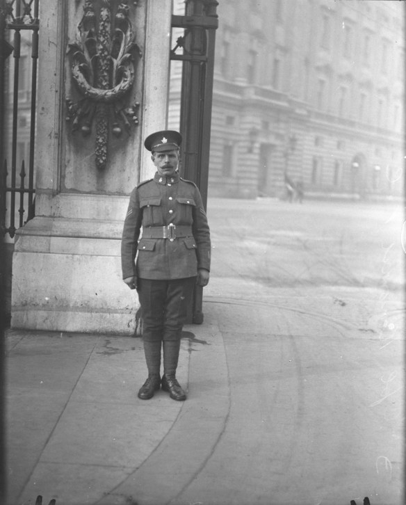Photographie en noir et blanc d’un soldat portant un couvre-chef à visière orné d’une feuille d’érable. Il se tient au garde-à-vous devant une grande barrière menant au terrain du palais. 