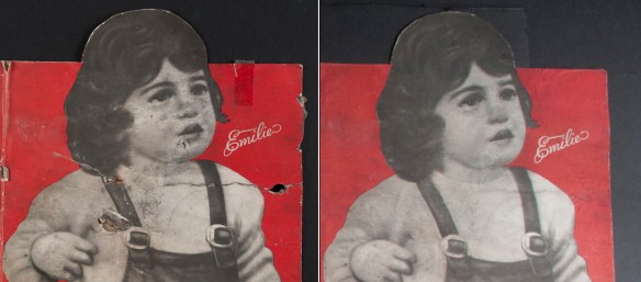 La figure 8 (à gauche) est une vue de détail de la tête d’Émilie avec des trous et des plis. La figure 9 (à droite) est la même vue de détail après traitement, sans les trous ni les plis.