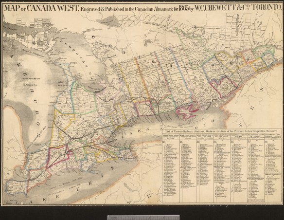 Une carte géographique de l’Ouest canadien, ce qui est maintenant le sud de l’Ontario, avec des couleurs indiquant les comtés. La légende contient une liste de gares ferroviaires avec leurs distances respectives.
