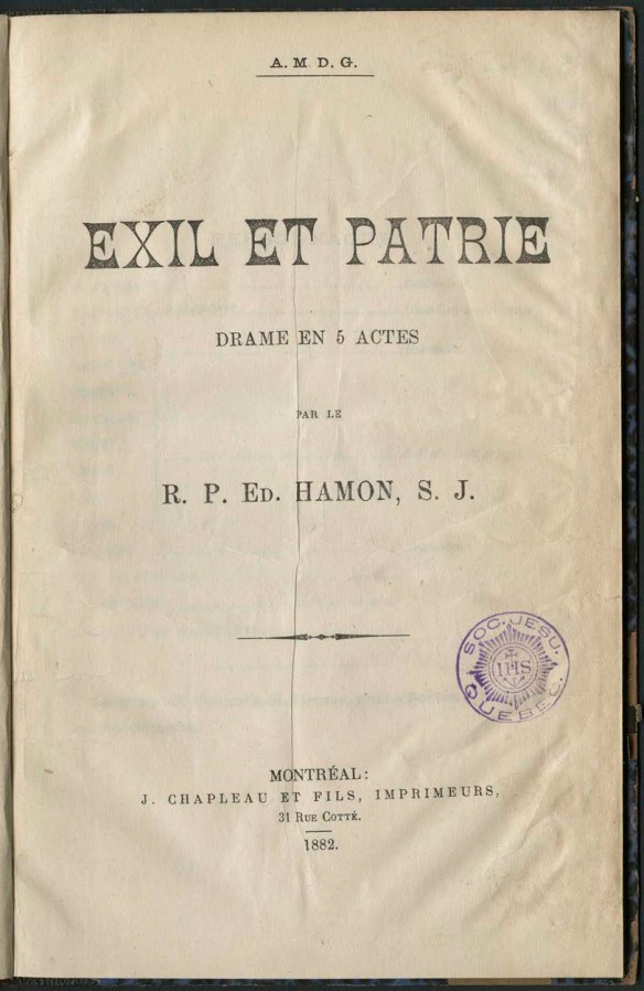 Image couleur de la page couverture d’un livre intitulé Exil et Patrie contenant le titre, le nom de l’auteur et de l’éditeur, le tout imprimé en noir sur papier jauni.