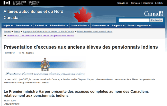 Saisie d’écran du site Web d’Affaires autochtones et du Nord Canada sur les excuses présentées par le premier ministre Stephen Harper aux anciens élèves des pensionnats indiens en 2008. Tiré des archives Web de la Commission de vérité et réconciliation.