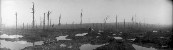 Photographie en noir et blanc d’un paysage dévasté par les bombardements. Le sol boueux est parsemé de cratères remplis d’eau. À l’arrière-plan, une forêt détruite par le feu.