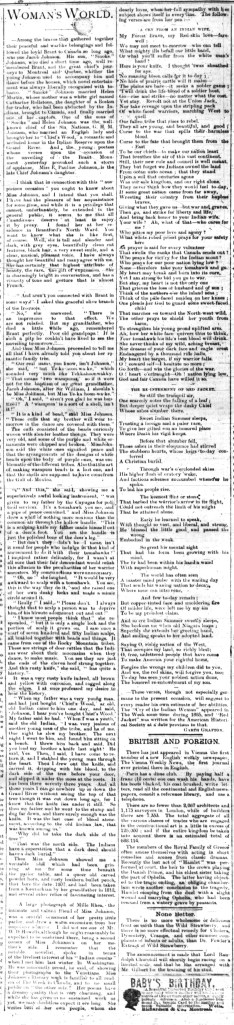 Chronique dans un journal en noir et blanc décrivant la famille et l’œuvre de Pauline Johnson et son rôle dans le dévoilement du monument commémoratif de Brant. 