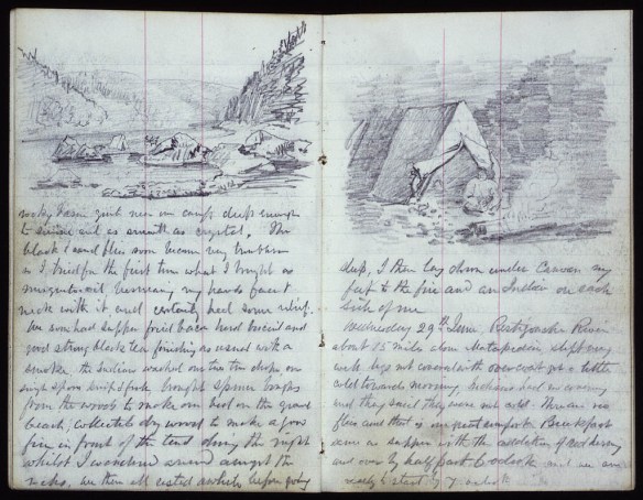 Deux pages d’un journal. Sur la première page figure l’esquisse d’un campement dans une vallée fluviale avec une forêt et des montagnes en arrière-plan, ainsi qu’un texte manuscrit en dessous. Sur la deuxième page se trouve l’esquisse d’une tente devant laquelle une personne, assise, entretient un feu.