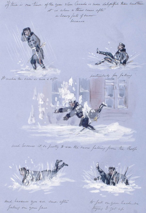 Une série de vignettes sur fond bleu montrent un homme marchant dans la neige profonde, tombant par-devant ou derrière, ou ployant sous les rafales de neige. Une légende accompagne chaque image : S’il y a une période de l’année où le Canada est encore plus enchanteur / C’est lorsqu’un dégel / suit une importante chute de neige / parce que / la neige devient alors si belle et si molle / surtout pour tomber / et parce que c’est si beau de regarder la neige tomber des toits. / Et parce que vous êtes certain qu’après / vous être écrasé le nez par terre / vous tomberez sur le dos / en essayant de vous relever. [Traduction libre]
