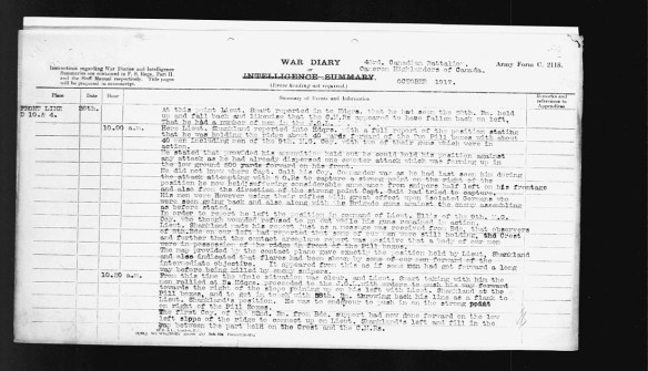 Liste tapée à la machine des événements du 26 octobre 1917, et en particulier, de ce qui est arrivé au 43e Bataillon d’infanterie canadien entre 10 h et 10 h 30. 