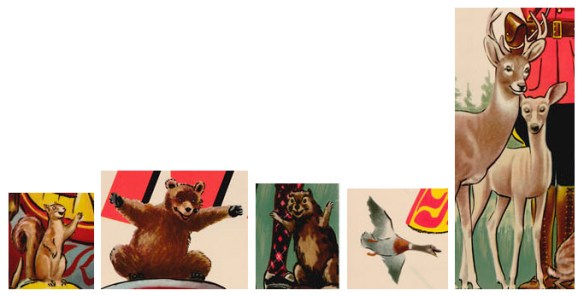 Détails montrant un petit écureuil brun; un ours brun accroupi, les pattes avant écartées; un petit castor brun debout, avec les pattes avant écartées; un canard en vol; et finalement, deux cerfs bruns (un mâle et une biche). 