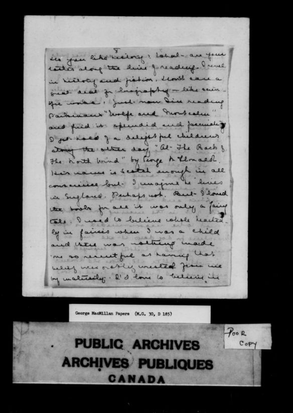Page en noir et blanc d’une lettre de Lucy Maud Montgomery à George Boyd Macmillan.
