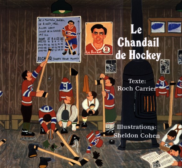 Couverture de livre illustrée en couleur représentant des garçons habillés comme Maurice Richard qui se préparent pour une partie de hockey.