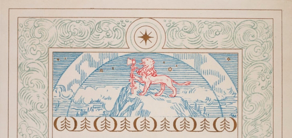 Détail du certificat montrant un lion rouge qui tient une hache, au sommet d’une montagne bleue et ceinturé de vagues bleues et d’une étoile dans un cercle. 