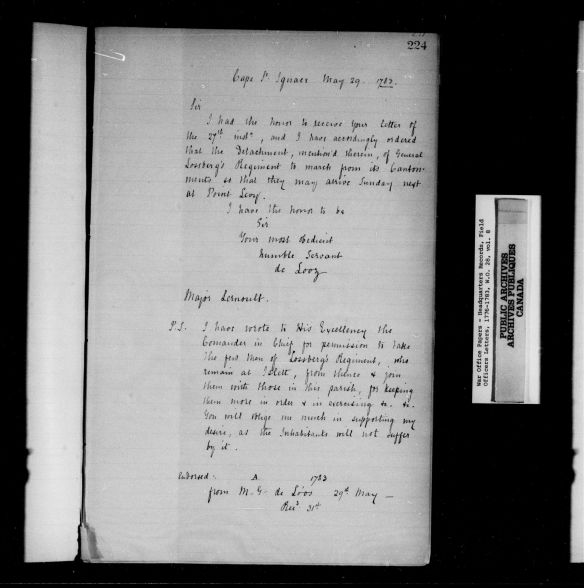 Une image montrant des ordres et des réponses manuscrits pour le régiment de Lossberg.