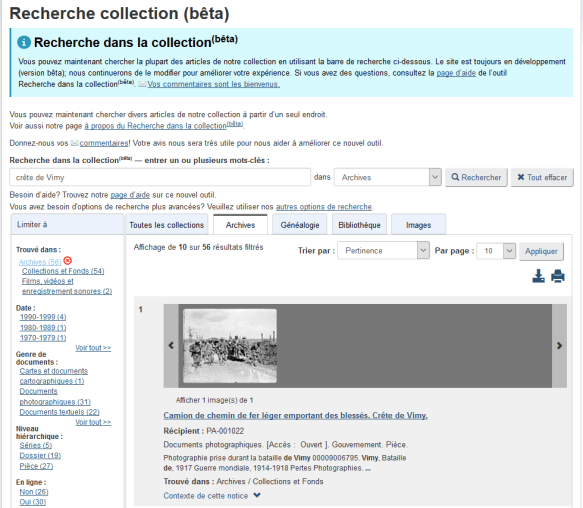 Capture d’écran de la nouvelle interface Recherche dans la collection (bêta) où sont affichés les résultats d’une recherche d’archives pour l’expression « crête de Vimy ».