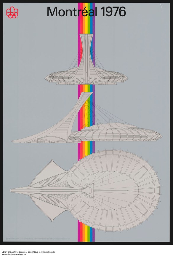Affiche couleur conçue pour les Jeux olympiques de 1976. Elle illustre trois vues différentes du stade olympique, bâti pour les Jeux olympiques d’été tenus cette année-là à Montréal.