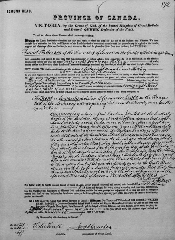 Photo noir et blanc d’un document officiel de la province du Canada décrivant avec précision l’emplacement et la taille d’un terrain concédé.