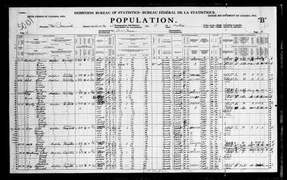 Première page du recensement de 1921 montrant les inscriptions pour Royalton.