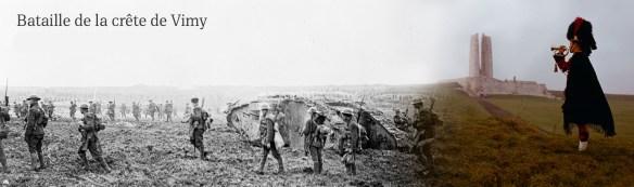 Bannière avec deux photos: une montrant une photo de la bataille de la crête de Vimy qui transitione vers une image plus contemporaine montrant le mémorial de Vimy