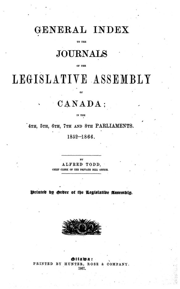 Page couverture dactylographiée se lisant ainsi : General index to the Journals of the Legislative Assembly of Canada: in the 4th, 5th, 6th, 7th and 8th Parliaments, 1852–1866.