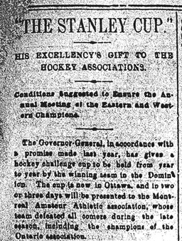 Coupure de journal granuleuse d’un article portant le titre « “The Stanley Cup.” His Excellency’s gift to the hockey associations. »