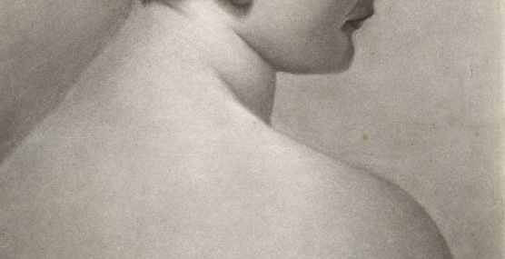 Une partie du portrait d’Emily Carr montrant les lignes classiques des épaules et du menton du dessin.