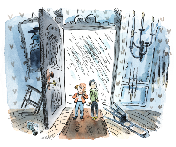 Une illustration en aquarelle montrant deux enfants s’abritant de la pluie dans une vielle maison abandonnée et sinistre.
