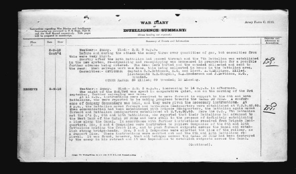 Image noir et blanc d’un document textuel résumant la suite, sur une deuxième page, des activités du 7e Bataillon d’infanterie du Canada le 2 septembre 1918.