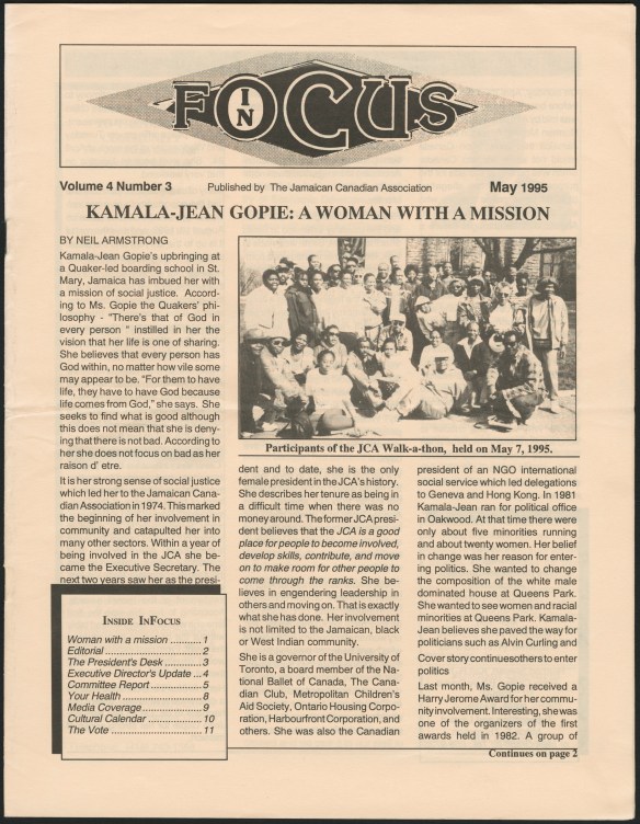 La page principale d’un bulletin de nouvelles imprimé. Le titre est : « Kamala-Jean Gopie: A woman with a mission » [Kamala-Jean Gopie : une femme investie d’une mission].