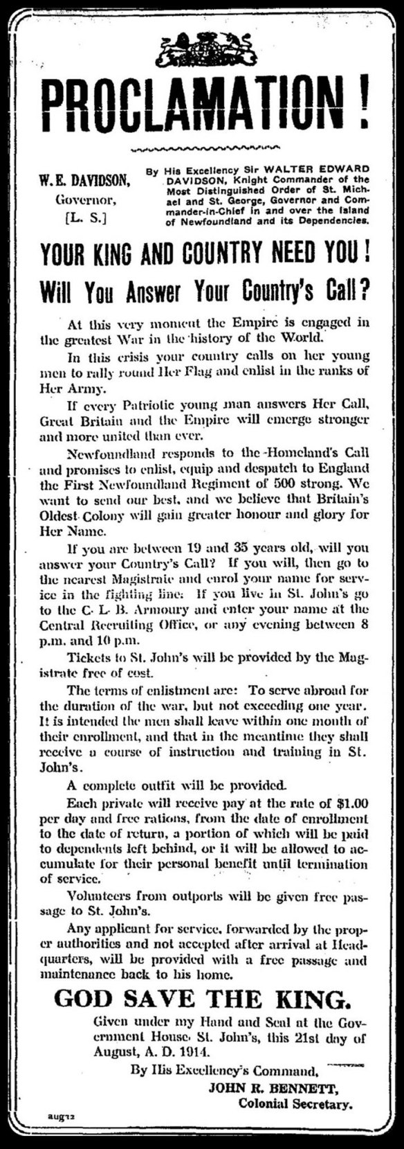 Copie noir et blanc d’une coupure de journal, au haut de laquelle est inscrit le mot « Proclamation! » en grosses majuscules.