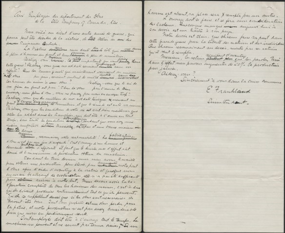 Lettre manuscrite écrite par E. Frankland, surintendant, à l’intention des employés du département des obus de la Stelco.