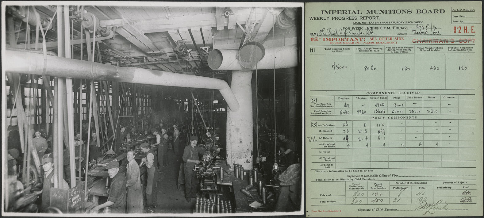 À gauche, photographie noir et blanc d’ouvriers travaillant dans une chaîne de fabrication d’obus. À droite, formulaire bleu de la Commission impériale des munitions montrant les progrès réalisés par une chaîne de production au cours d’une semaine donnée.