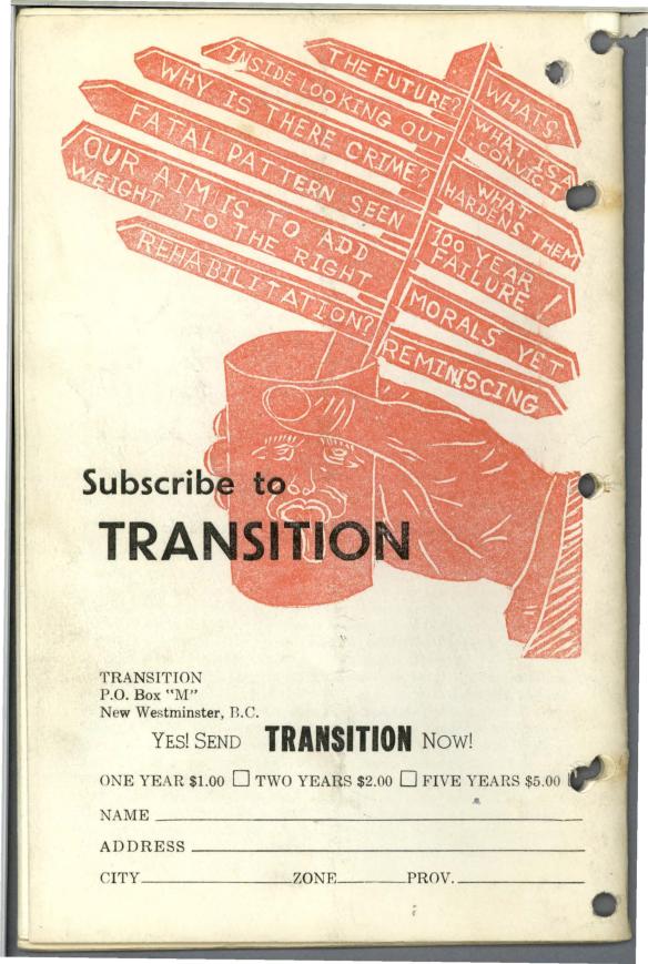 Illustration de quatrième de couverture montrant une main qui tient un verre dans lequel est placé un panneau indicateur aux messages variés, dont « What Is A Convict? », « Inside Looking Out », « Rehabilitation? » et « 100 Year Failure! » (qu’on pourrait traduire par « Qu’est-ce qu’un détenu? », « Regard sur le monde extérieur », « La réhabilitation? » et « Cent ans d’échec! »). Un coupon d’abonnement se trouve sous l’illustration.