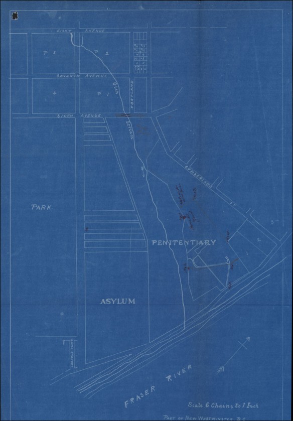 Carte sur fond bleu indiquant l’emplacement du pénitencier, d’un asile, des rues environnantes, d’un parc et du fleuve Fraser. Des notes montrent la clôture par où Miner s’est évadé et fournissent d’autres détails sur les environs.