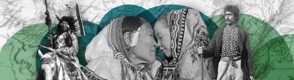 À la gauche de l’image, Tatânga Mânî (le chef Walking Buffalo, aussi appelé George McLean) est à cheval dans une tenue cérémonielle traditionnelle. Au centre, Iggi et une fillette font un kunik, une salutation traditionnelle dans la culture inuite. À droite, le guide métis Maxime Marion se tient debout, un fusil à la main. À l’arrière-plan, on aperçoit une carte du Haut et du Bas-Canada et du texte provenant de la collection de la colonie de la Rivière-rouge.