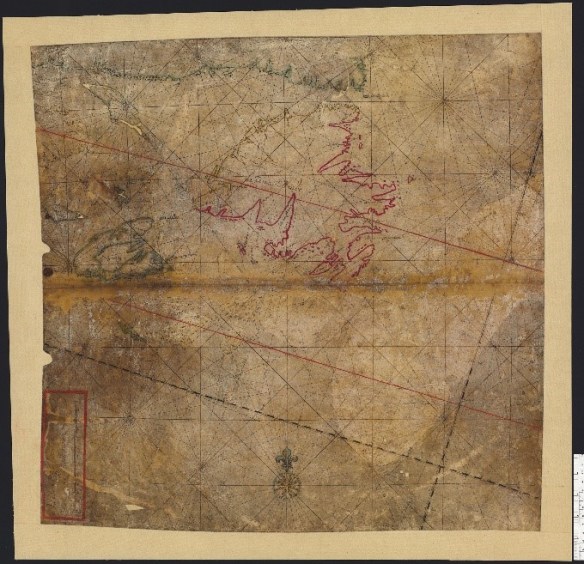 Carte marine sur papier vélin, à l’encre de couleur, montrant le littoral de Terre-Neuve, l’Acadie et le golfe du Saint-Laurent.