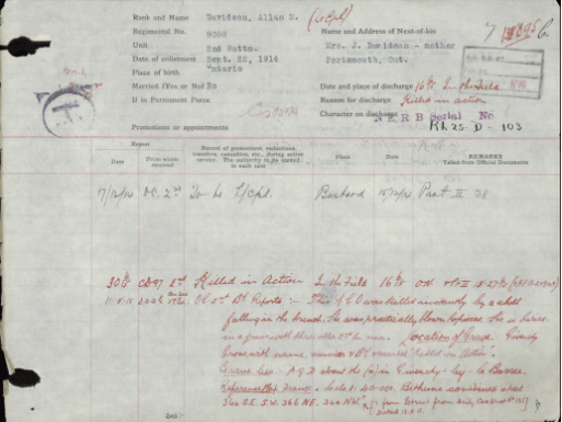 Une page du dossier de service de « Scotty » Davidson décrivant sa mort au combat, causée par un obus tombé dans une tranchée, et détaillant son enterrement avec trois autres hommes du 2e Bataillon.