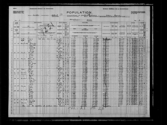 Tableau de recensement intitulé « Bureau fédéral de la statistique : Recensement de Manitoba, Saskatchewan et Alberta, 1er juin 1926 » comprenant des inscriptions manuscrites dans chacune des 25 colonnes. Les colonnes contiennent des renseignements tels que le nom et le lieu de résidence, des informations personnelles, le lieu de naissance, la race et la citoyenneté, la langue et le niveau d’instruction.