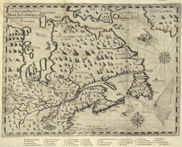Carte noir et blanc dessinée à la main illustrant le Québec, les provinces des Maritimes et l’est de l’Ontario en 1613.