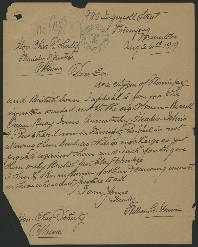 Lettre manuscrite sur papier jauni datée du 26 août 1919.