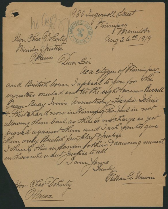 Lettre manuscrite sur papier jauni datée du 26 août 1919.