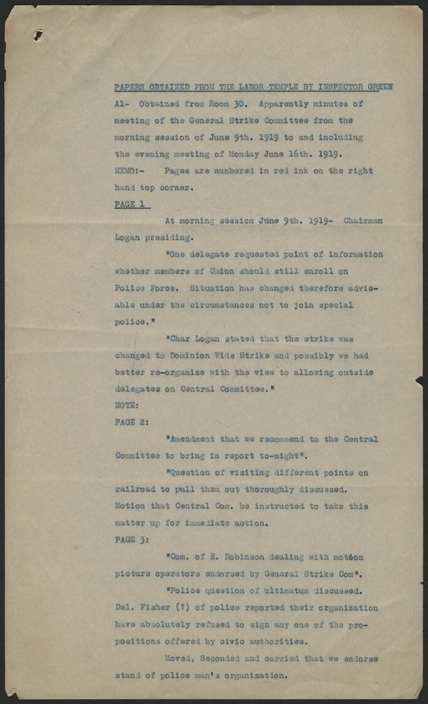 La première page d’un document tapuscrit énumérant et résumant les documents saisis dans la salle 30 de l’Ukrainian Labour Temple. Les descriptions comprennent des résumés de procès-verbaux de réunions du Comité central de grève.