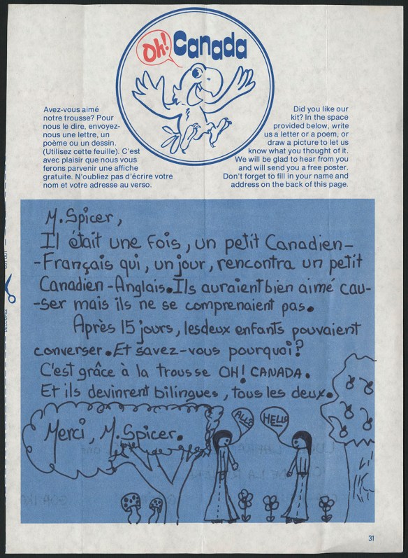 Une reproduction en couleur d’une page de la trousse d’étude sur le bilinguisme avec une histoire de deux enfants apprenant le français / anglais et un dessing de deux enfants en train de remercier M. Spicer.