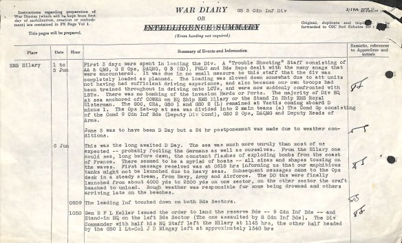 Image numérisée en couleur d’un compte rendu tapuscrit des opérations du jour J.