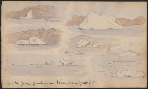 Six petits croquis légèrement colorés montrant divers types d’icebergs, avec la légende « Vanille, fraise, framboise – boum, servez froid! »